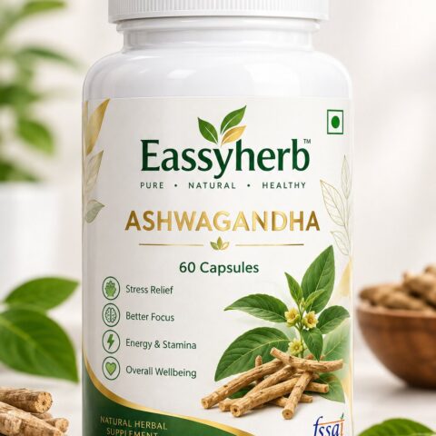 Eassyherb Pure Ashwagandha Root Extract Capsules | Stress Relief & Vitality Support (60 Veg Capsules)