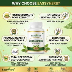 Eassyherb Pure Ashwagandha Root Extract Capsules | Stress Relief & Vitality Support (60 Veg Capsules) - Image 3